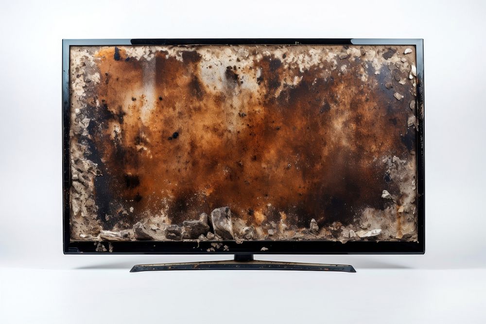 Tv with burnt television screen white background.