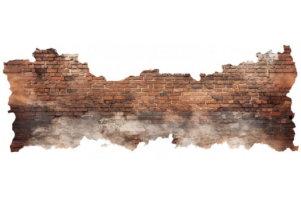 Brick wall with burnt architecture white background deterioration.