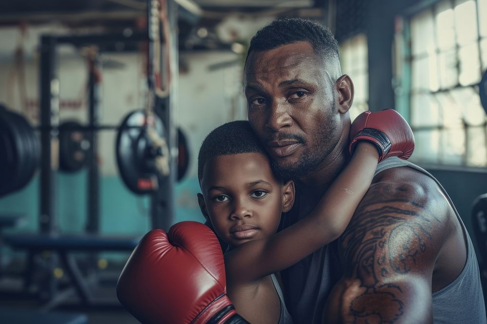 African American dad and son boxing punching sports.