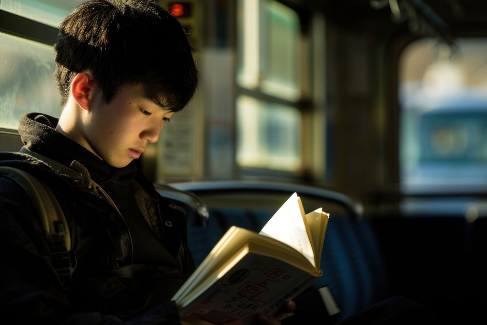 Korean high school boy reading book publication.