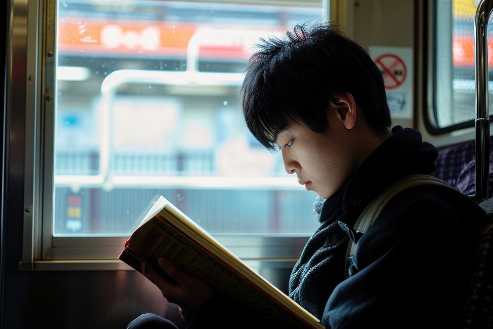 Japanese high school boy reading train book.