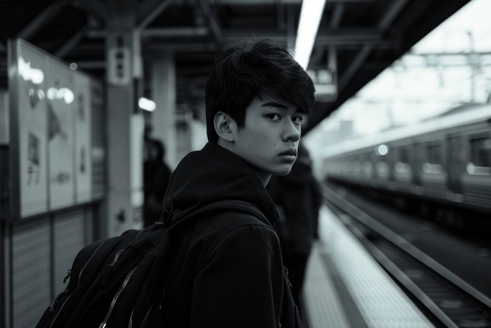 Japanese high school man train photography portrait.