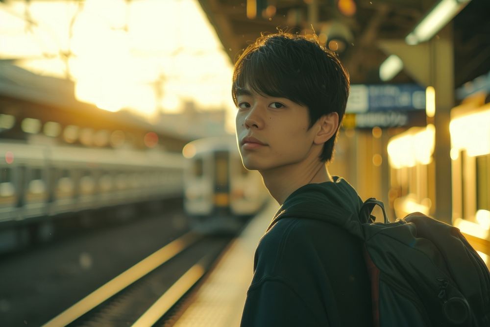 Japanese high school man photography portrait train.