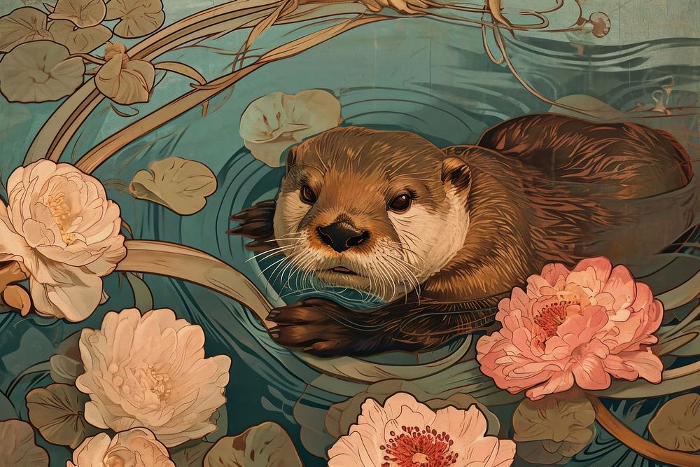 Otter and flowers otter art painting.
