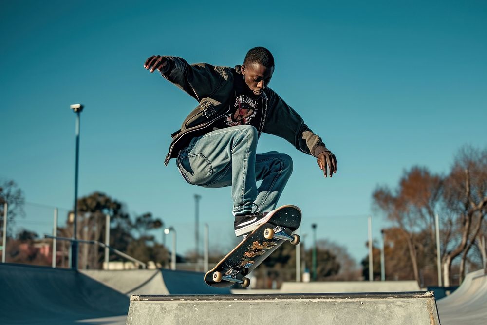 Black male skateboard jumping skateboarder.