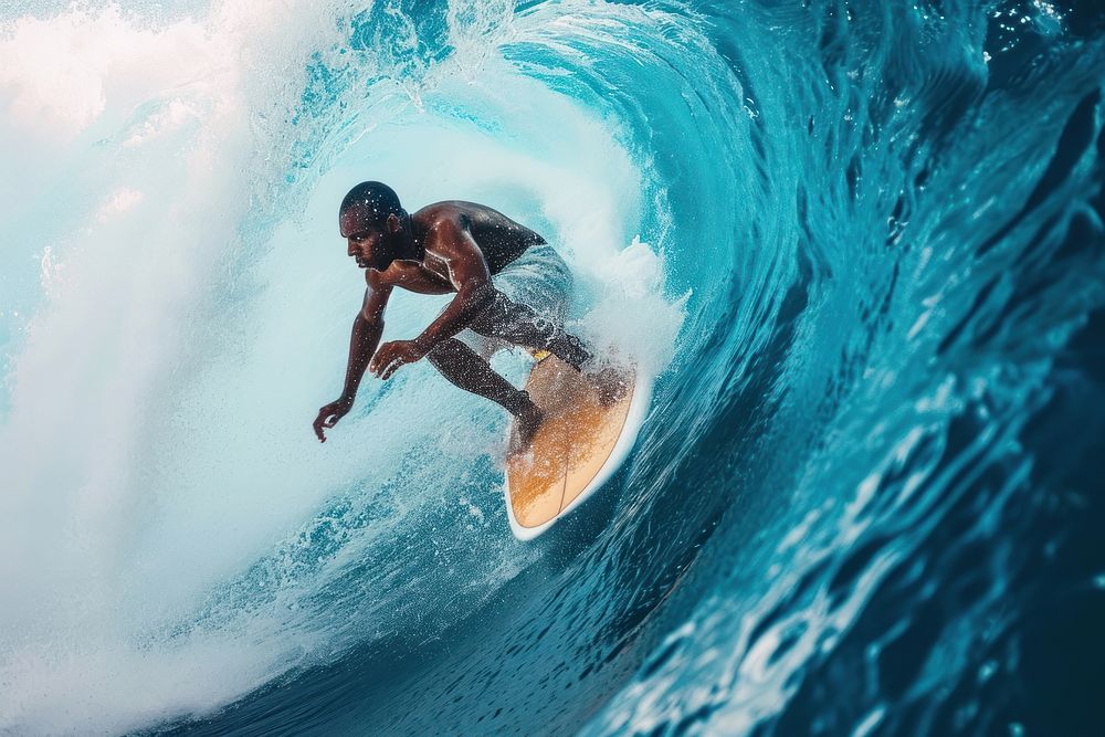 Black man ocean recreation surfboard.