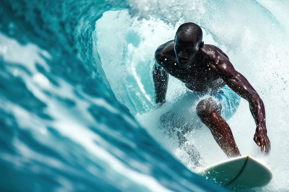 Black man recreation surfboard surfing.