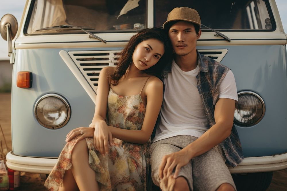  Thai couple sitting on the vintage van car vehicle adult transportation. AI generated Image by rawpixel.