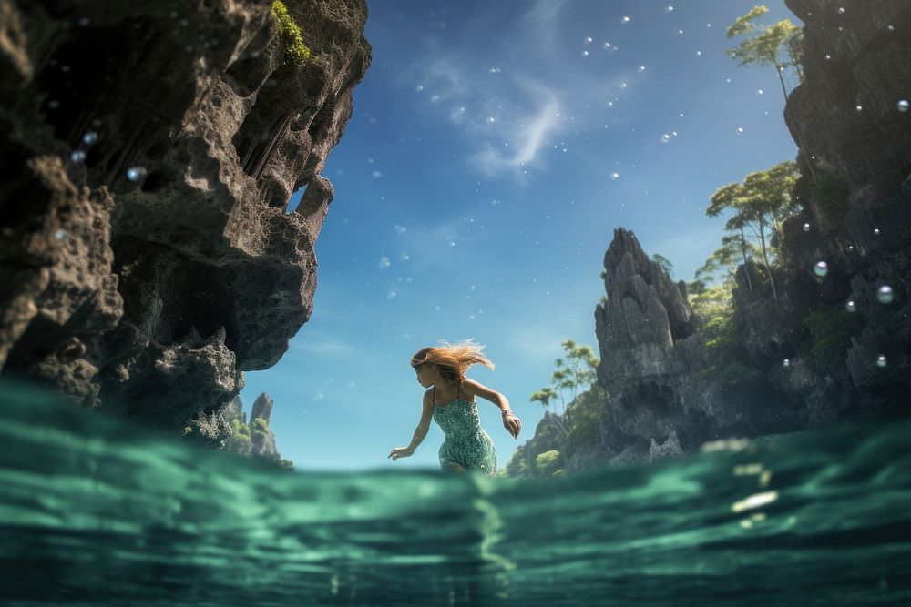  Thai woman diving to discover the underwater swimming outdoors nature. AI generated Image by rawpixel.