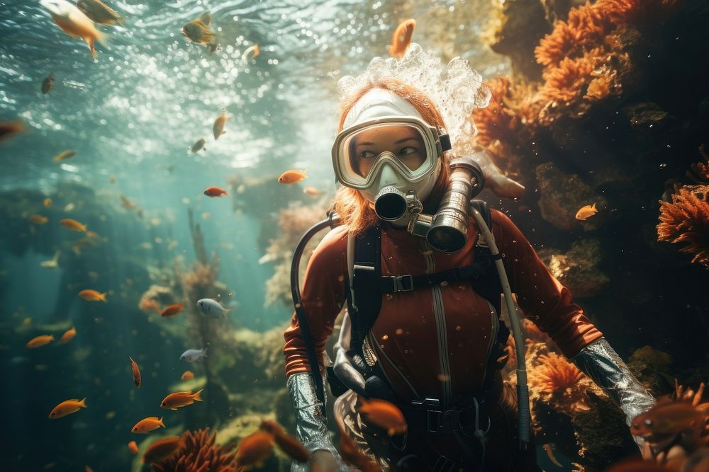  Thai woman diving to discover the underwater recreation adventure outdoors. 
