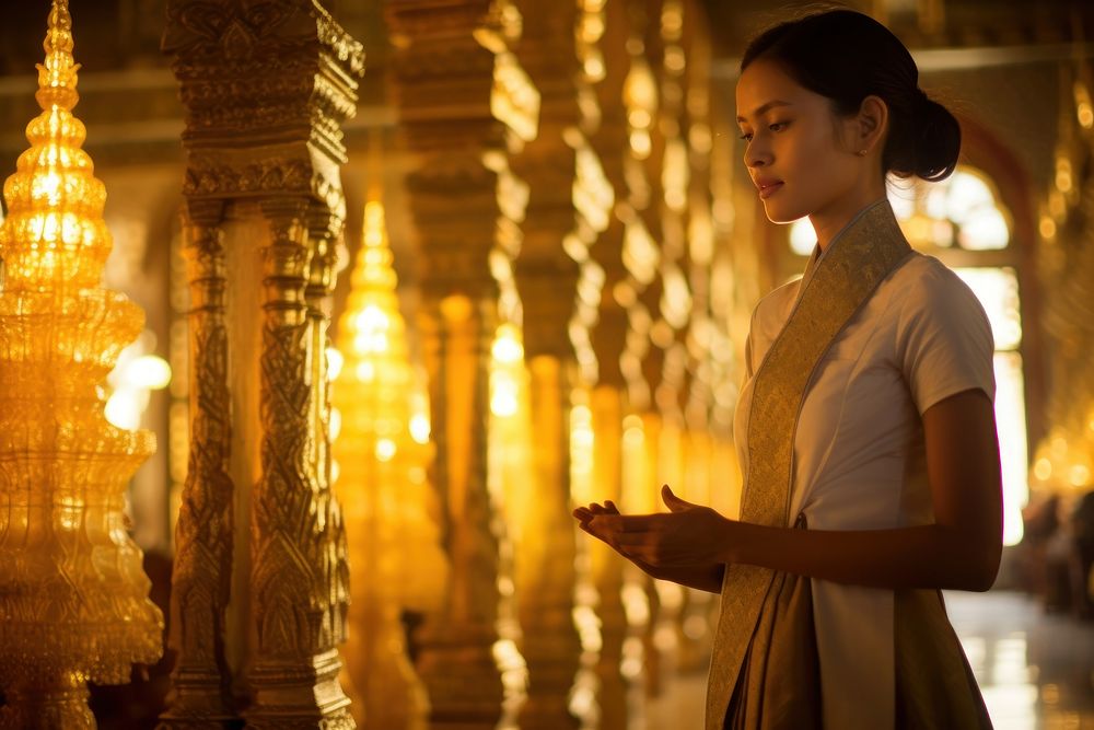  Thai woman praying in the Sacred Shwedagon Pagoda in Myanmar adult spirituality cross-legged. AI generated Image by…