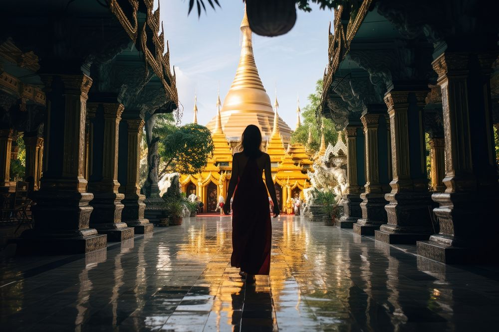  Thai woman visit the Sacred Shwedagon Pagoda in Myanmar pagoda adult spirituality. AI generated Image by rawpixel.