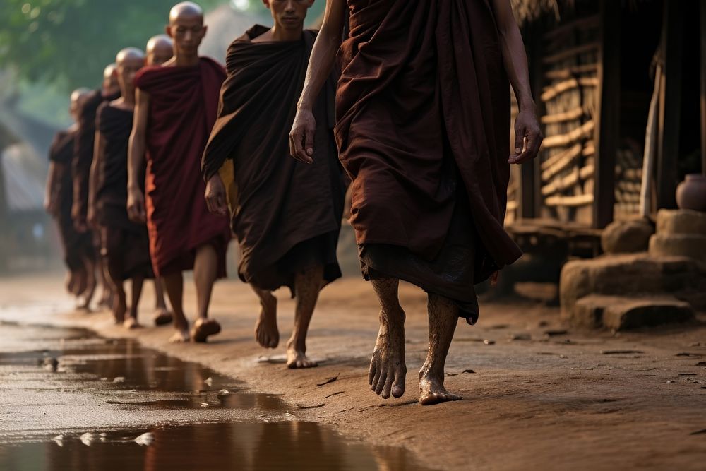  Barefoot monks from local residents each morning walking adult spirituality. AI generated Image by rawpixel.