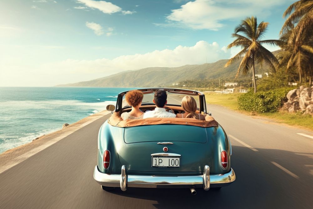  Couple singaporean driving a vintage car in the road near the beach vacation vehicle summer