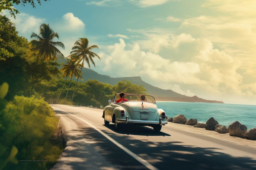  Couple singaporean driving a vintage car in the road vacation vehicle summer. AI generated Image by rawpixel.