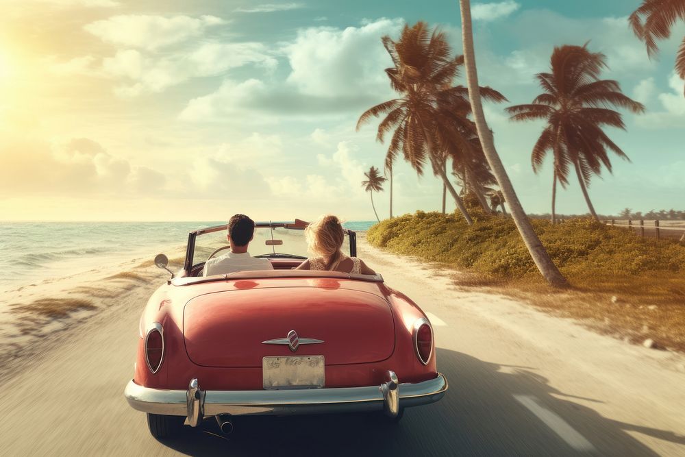  Couple singaporean driving a vintage car in the road near the beach vacation vehicle summer. 