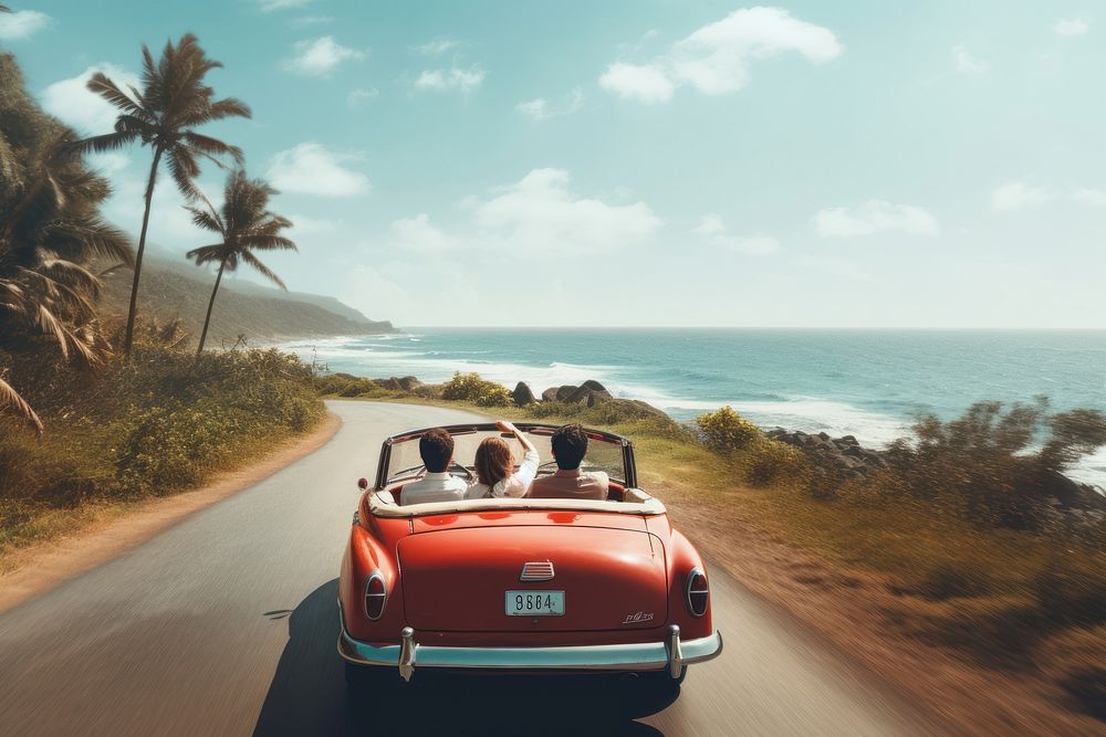  Couple singaporean driving a vintage car in the road near the beach outdoors vacation vehicle. AI generated Image by…