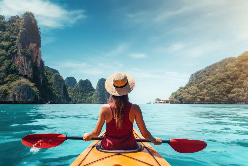  Filipina woman kayaking in the sea of Thailand vehicle summer sports. AI generated Image by rawpixel.