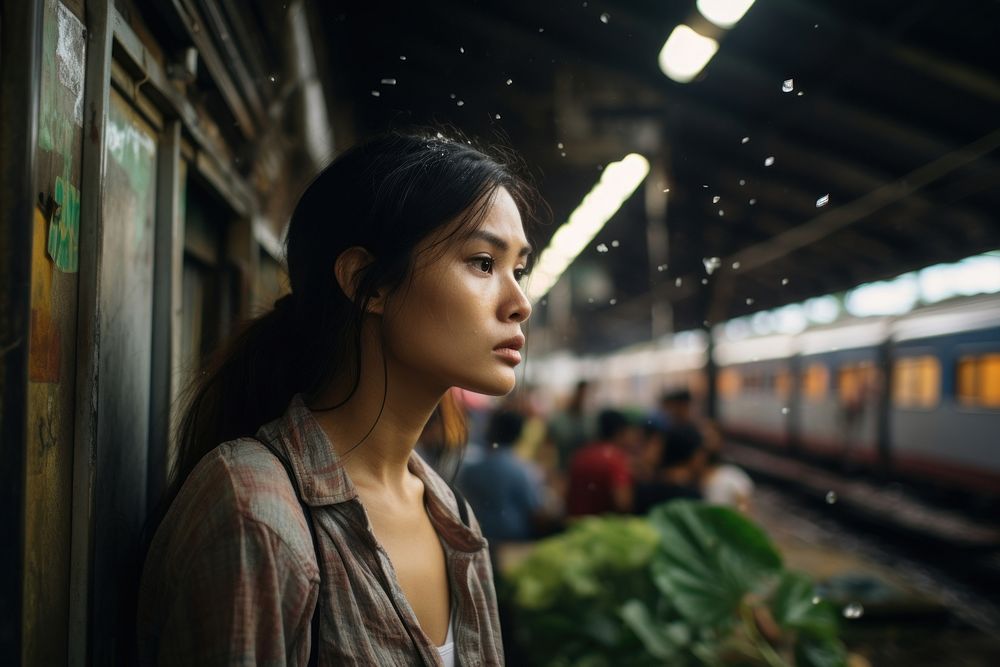  Filipina in Maeklong Railway Market in Bangkok railway train transportation. AI generated Image by rawpixel.