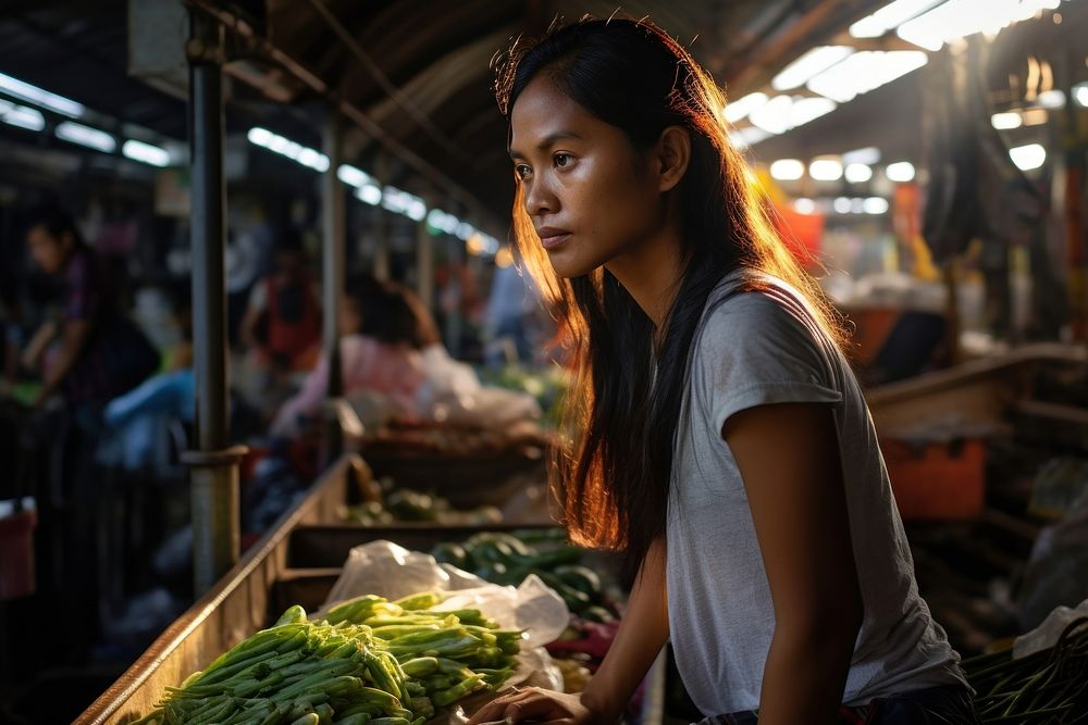  Filipina in Maeklong Railway Market in Bangkok market adult contemplation. AI generated Image by rawpixel.