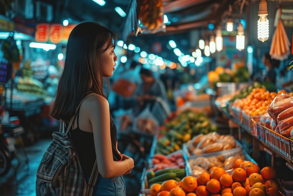 Korean female shopping in Thai local market adult greengrocer supermarket.