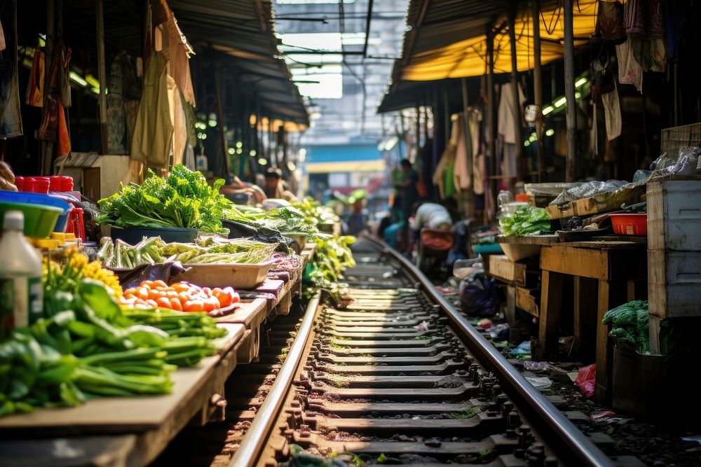 Maeklong Railway Market in Bangkok market architecture greengrocer. AI generated Image by rawpixel.