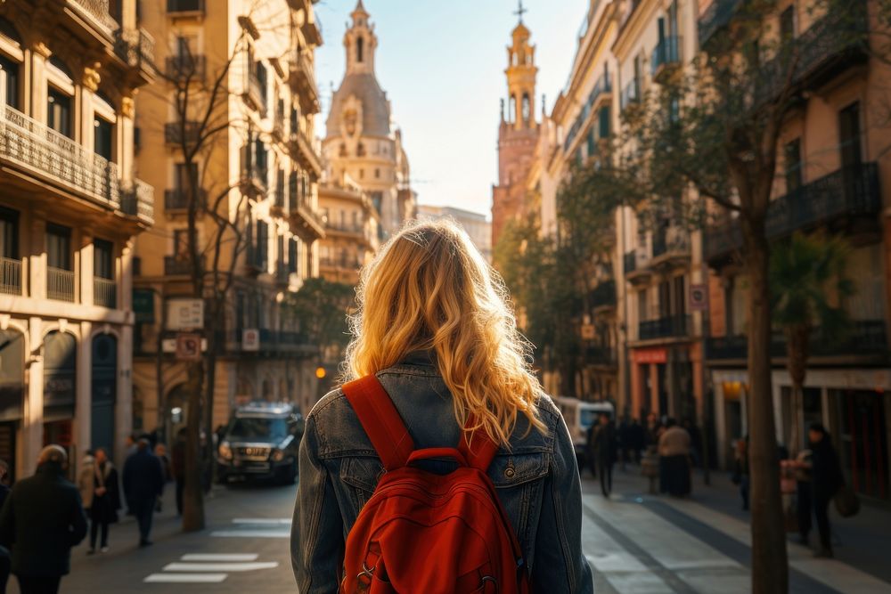Semester in Barcelona backpack street adult. AI generated Image by rawpixel.