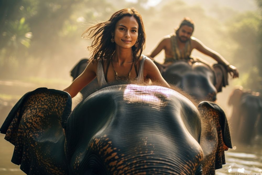  Singaporean woman riding elephants in thailand wildlife portrait animal. AI generated Image by rawpixel.
