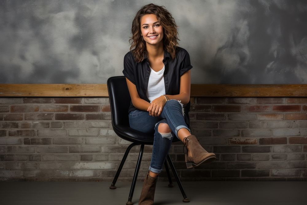 Full length portrait of a casual smiling European woman sitting on chair footwear photo individuality.