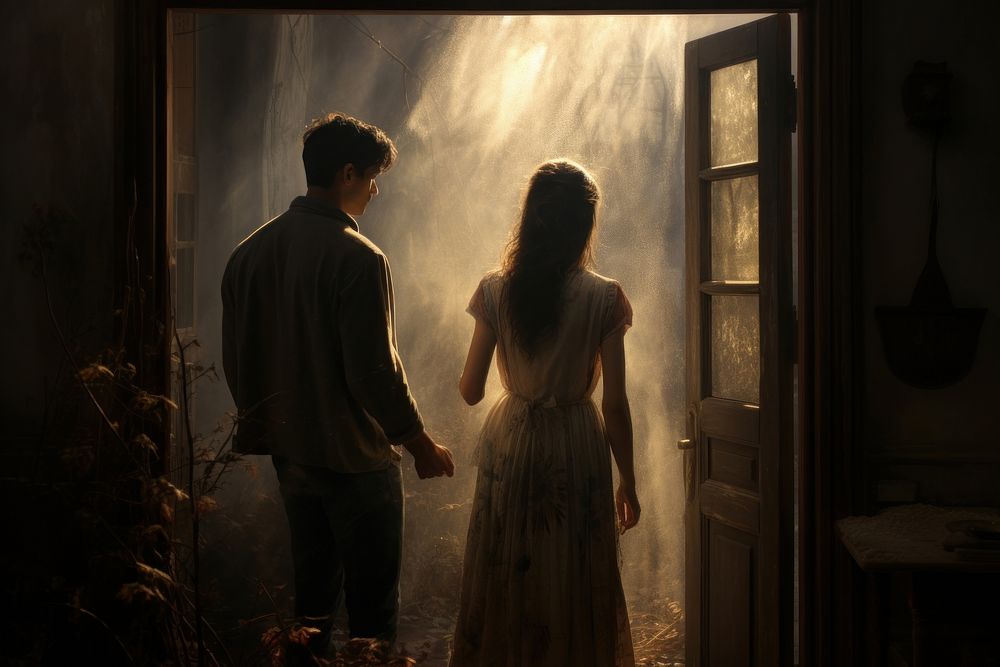 Man and woman enter a door adult light togetherness. AI generated Image by rawpixel.