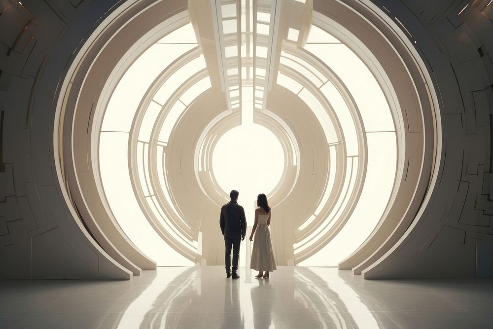 Man and woman enter a large architecture building corridor. AI generated Image by rawpixel.