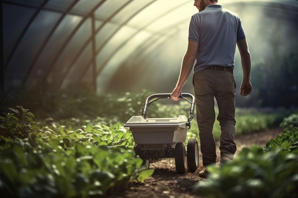Man working at an smart organic farm wheelbarrow gardening outdoors. AI generated Image by rawpixel.
