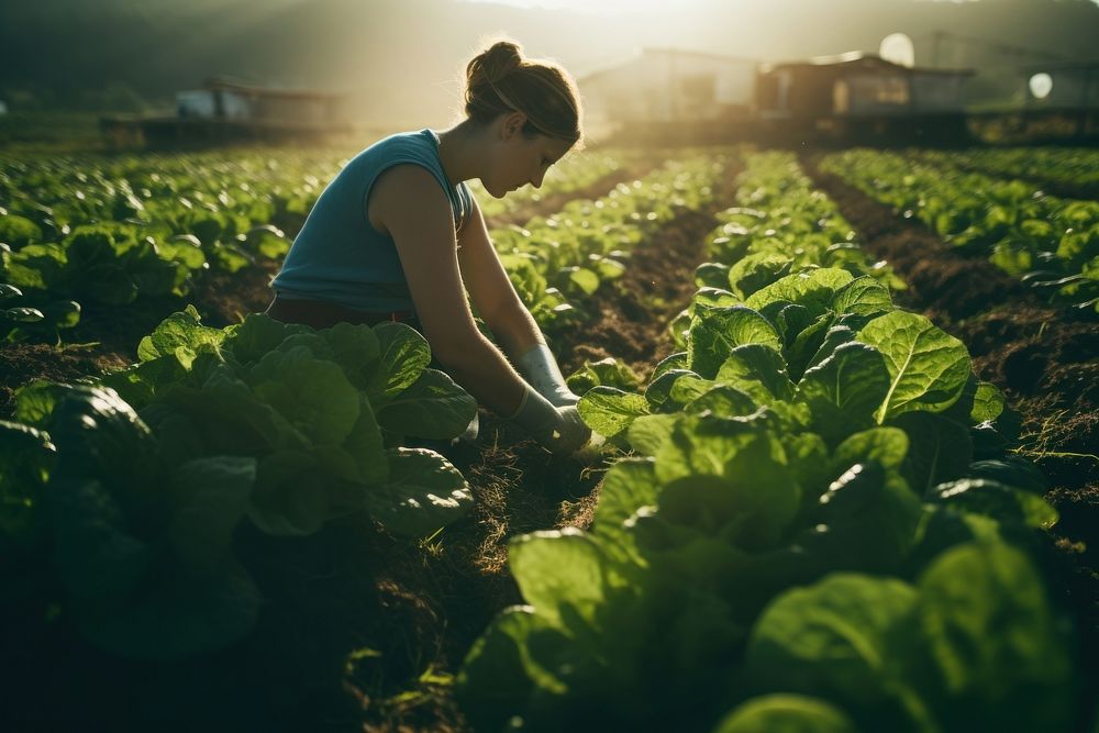 Woman harvesting lettuce food vegetable outdoors. AI generated Image by rawpixel.