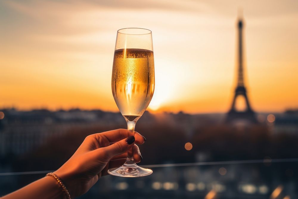 Handing a glass of champagne in Paris outdoors drink night.
