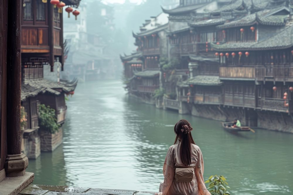 Japanese sitting in Fenghuang Ancient City outdoors nature adult.