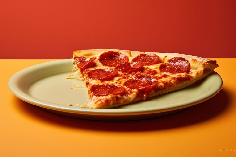 Pepperoni pizza plate food freshness.