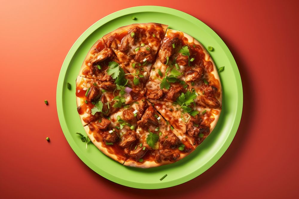 BBQ Chicken Pizza pizza plate food.