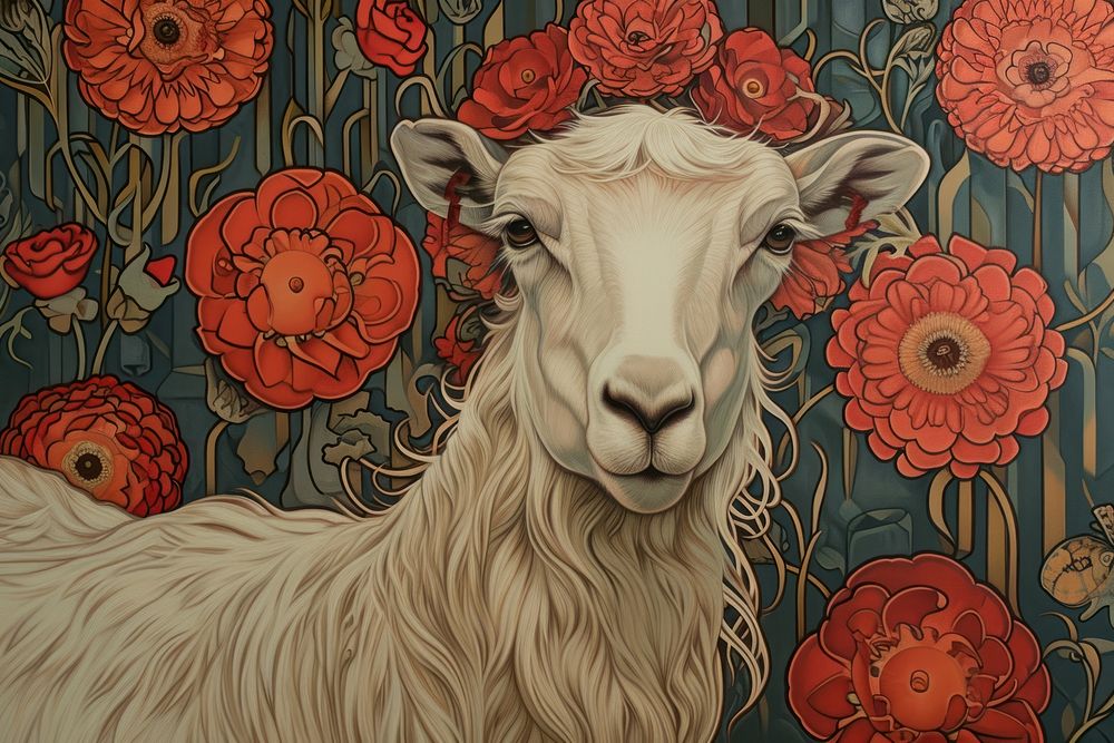 Alpaca and flowers art illustrated livestock.