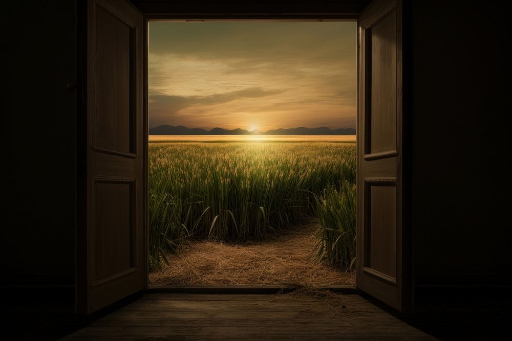  Rice field door architecture landscape. AI generated Image by rawpixel.