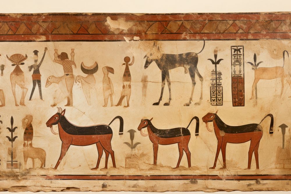 Cow hieroglyphic carvings tapestry painting ancient.