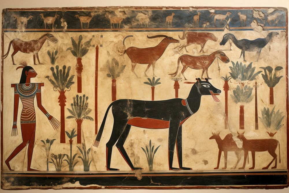 Cow hieroglyphic carvings painting livestock tapestry.