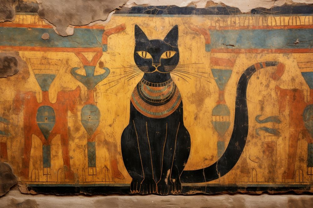 Cat hieroglyphic carvings painting ancient animal.