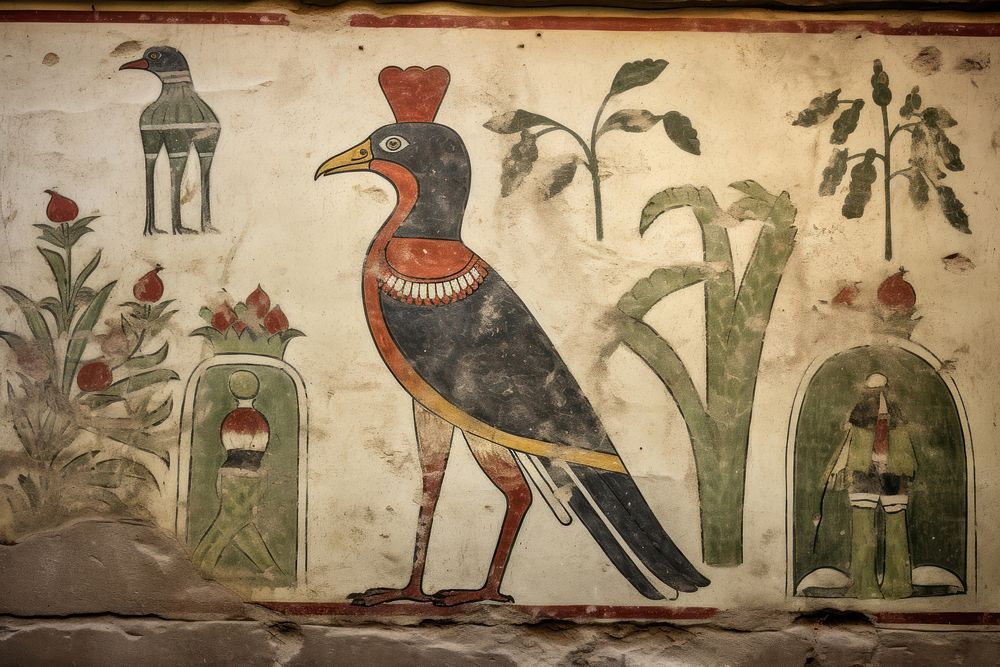Chicken hieroglyphic carvings painting ancient wall.