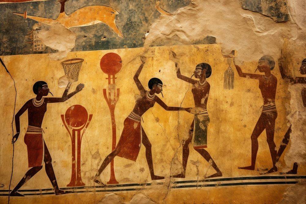 Basketball hieroglyphic carvings painting ancient wall.