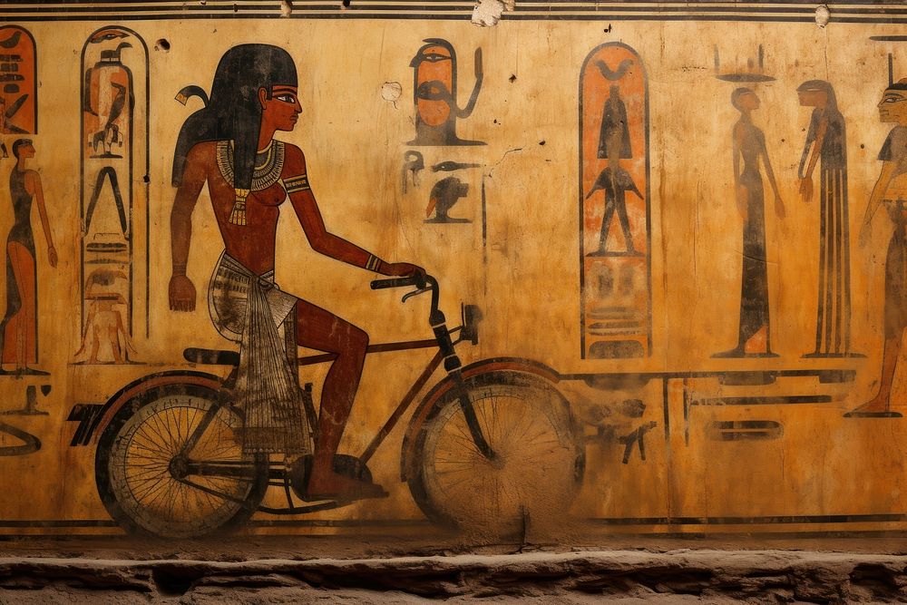 Biker on road hieroglyphic carvings painting ancient bicycle.