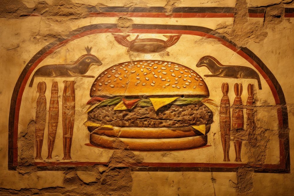Burger hieroglyphic carvings bread food wall.