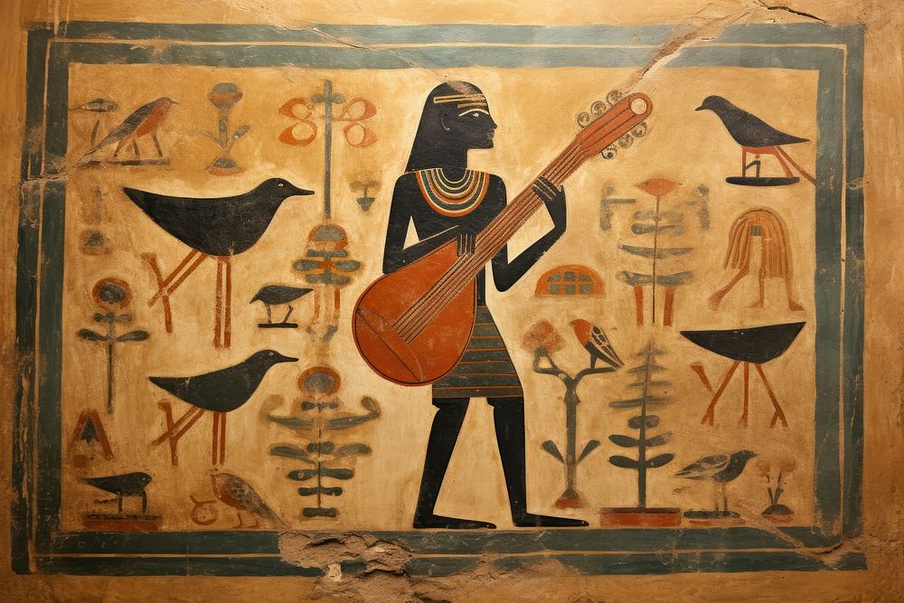 Guitar hieroglyphic carvings painting guitar wall.