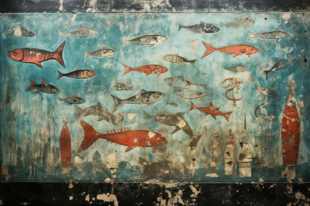 Deep sea hieroglyphic carvings painting animal fish.