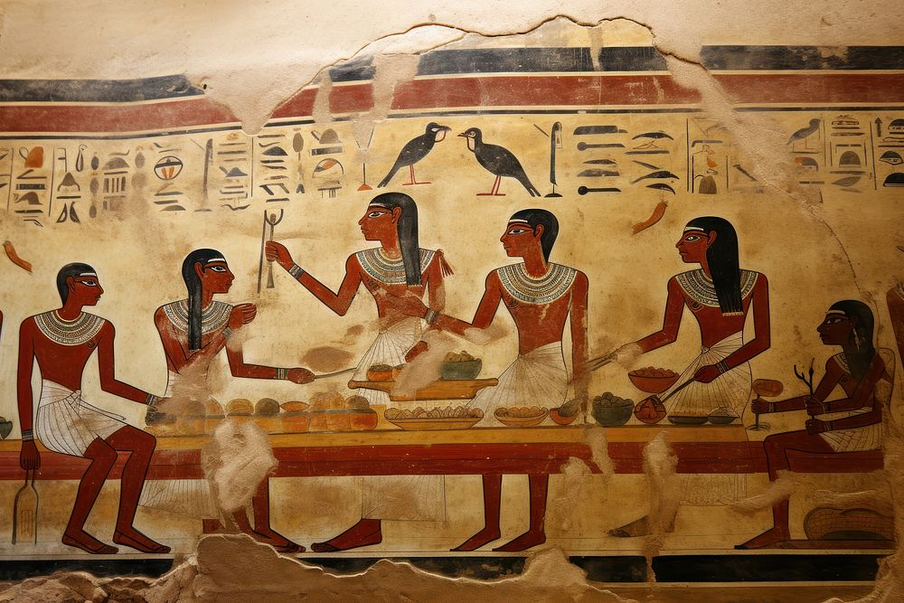 Dinner hieroglyphic carvings painting archaeology ancient.
