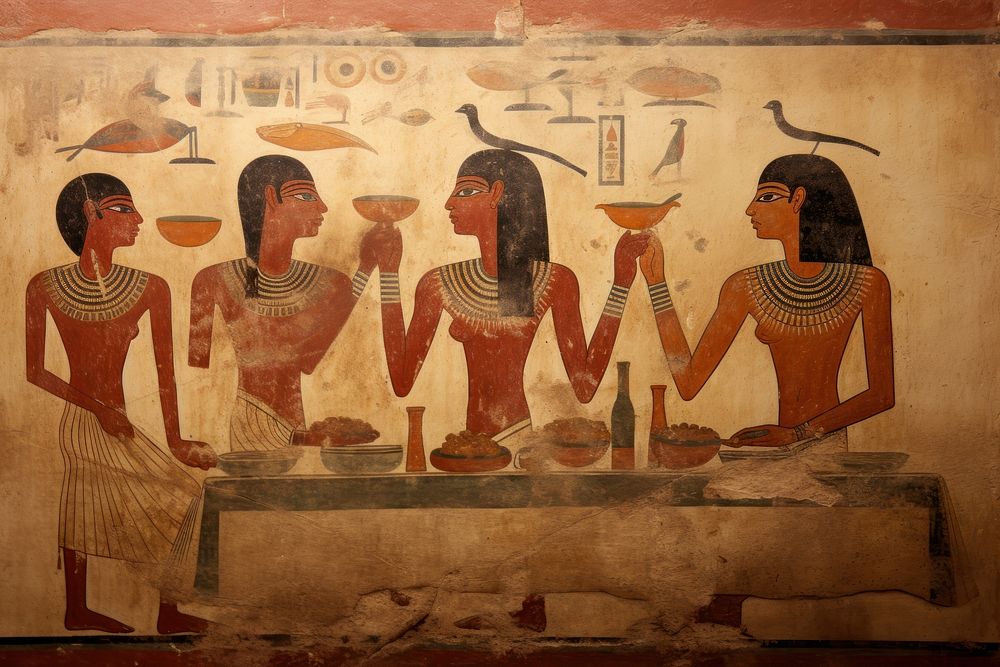 Dinner hieroglyphic carvings painting archaeology ancient.
